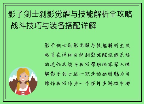 影子剑士刹影觉醒与技能解析全攻略 战斗技巧与装备搭配详解
